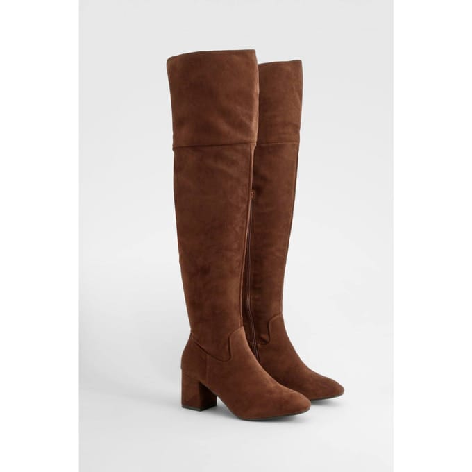 boohoo Dames Block Hak Laarzen tot boven de knie | Chocoladebruin | Maat: 36