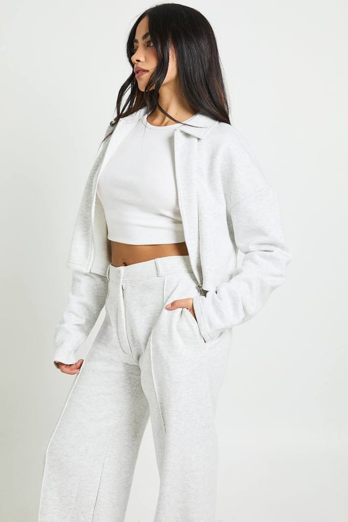boohoo Dames Korte Bomberjack en Getailleerde Joggingbroek Trainingspak | Asgrijs | Maat: Medium