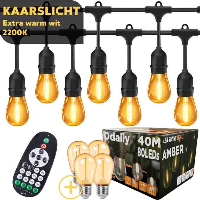 Odaily Lichtsnoer Amber - 40 Meter - 80 LED Lampen - Extra Warm Wit Licht - Dimbaar - Professionele Kwaliteit