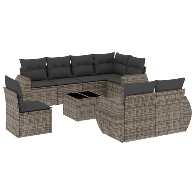 vidaXL - 9-delige - tuinbankset - met - kussens, - grijs - polyrotan