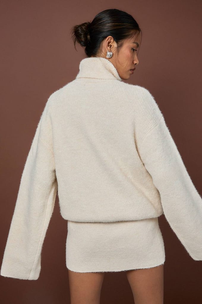 boohoo Dames Getailleerde zoom, hoge hals, gebreide mini-jurk | Cream | Maat: Large