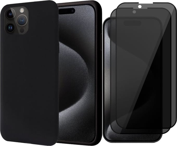 Hoesje geschikt voor iPhone 15 Pro Max - 2x Privacy Screen Protector FullGuard - Back Cover Case SoftTouch Zwart & Screenprotector