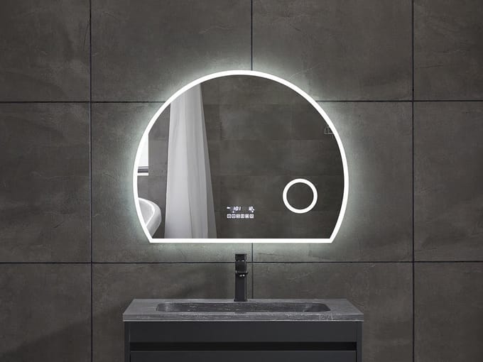 Mawialux LED Badkamerspiegel - Bluetooth en speakers - 80x64cm - Halfrond - Verwarming - Touchscreen - Dimbaar - Hannah PLUS