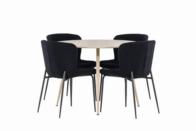 Plaza eethoek tafel Ø100cm en 4 teddy stoelen whitewash.