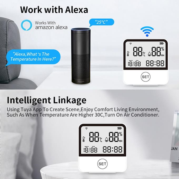 WiFi-temperatuur-vochtigheidsmonitor Slimme temperatuur- en vochtigheidssensormeter met digitaal LCD-scherm wit