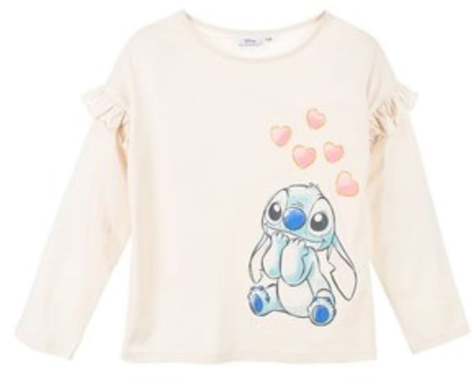 Disney Stitch Shirt - Lange Mouw - Off White - Stitch met hartjes - Maat 104