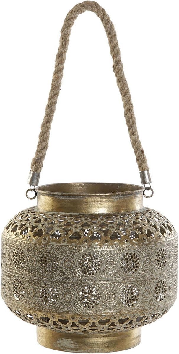 Items Windlicht - goudkleurig - metaal - met touw - 26 x 22 cm - Stompkaars houder