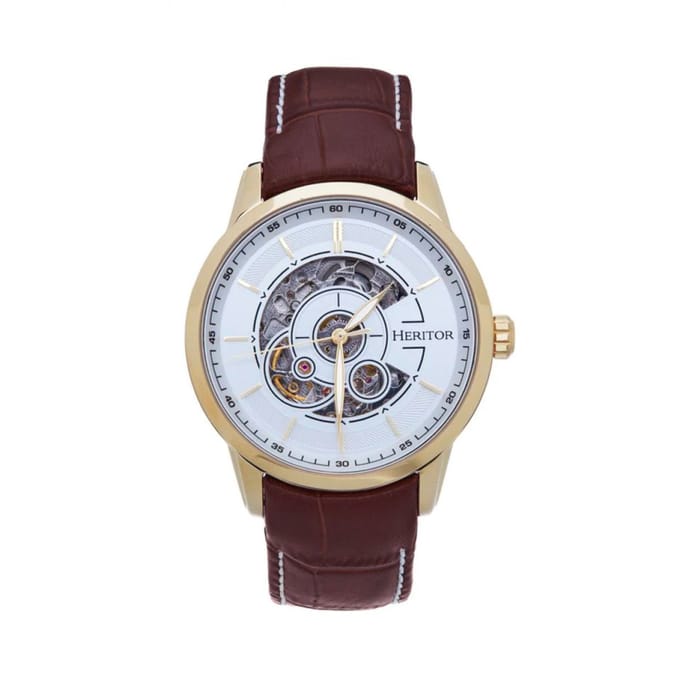 Heritor Automatic Davies Semi-Skelet leren band horloge - Goud/Bruin