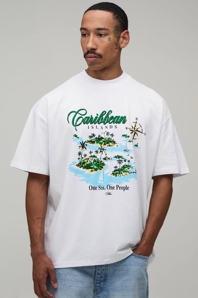 Wit Oversized T-shirt Met Caribische Print | White | Size XS