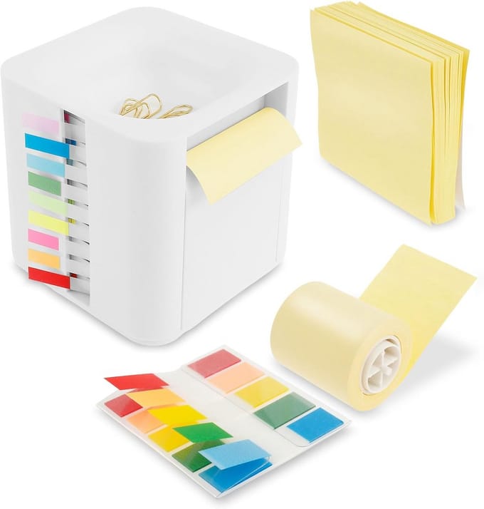Witte bureauorganizer met notitierol dispenser en indexstickers