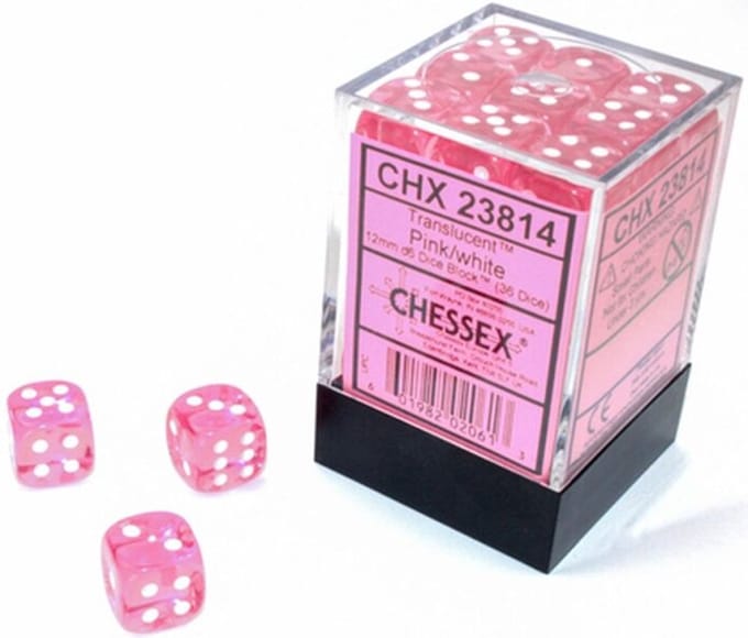 Chessex Translucent Pink/white D6 12mm Dobbelsteen Set (36 stuks)