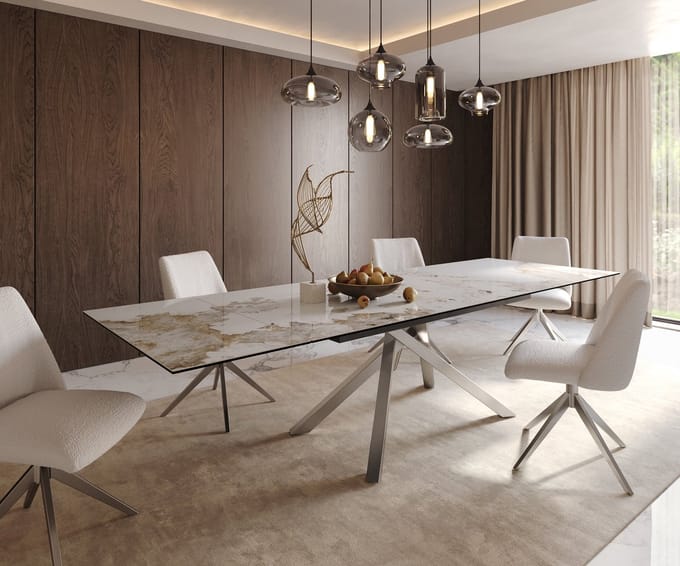 Eetkamertafel Edge keramiek Minas Melange wit-beige 200-300x100 kruisframe rechthoek RVS uitschuifbaar