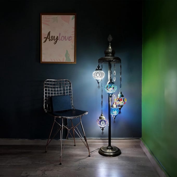 Turkse staande lamp - 5 handgemaakte mozaïek glazen - Oosterse vloerlamp - multicolor