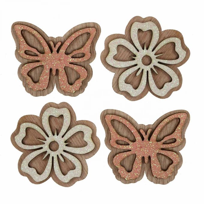Strooidecoratie hout bloemen/vlinders wit/roze Ø4cm 36st, 36 Stück