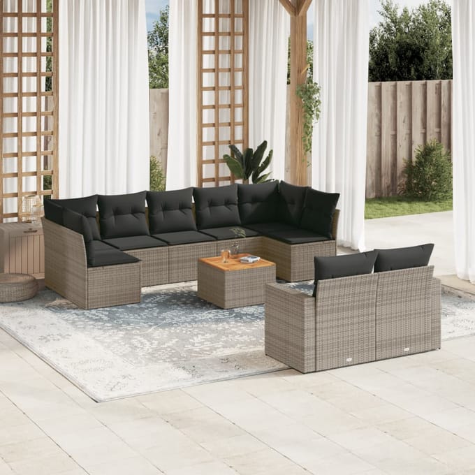 vidaXL - 10-delige - Loungeset - met - kussens - poly - rattan - grijs