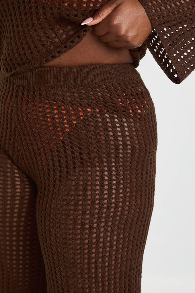 boohoo Dames Plus Beach Wijde Pijp Gehaakte Broek | Chocoladebruin | Maat: 44