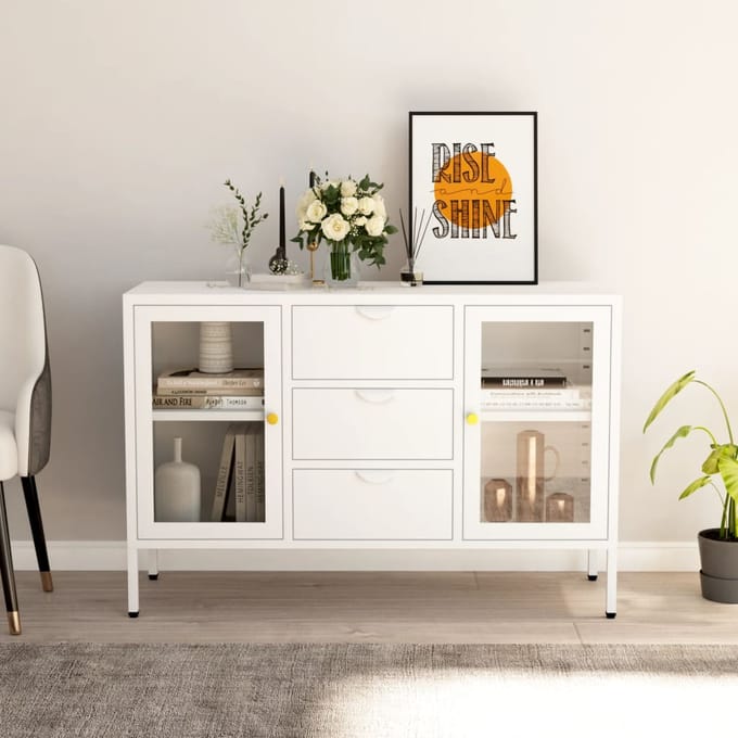 vidaXL - Dressoir - 105x35x70 - cm - staal - en - gehard - glas - wit