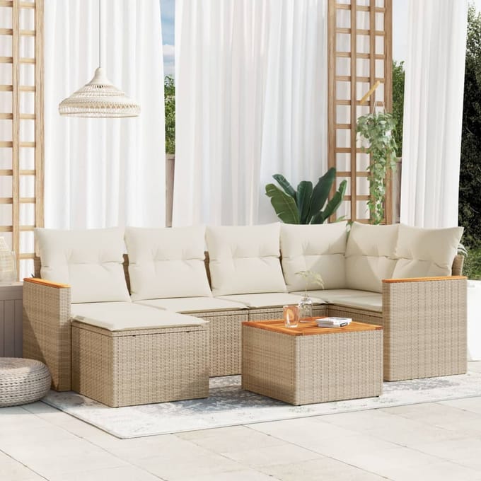 vidaXL - 7-delige - Loungeset - met - kussens - poly - rattan - beige