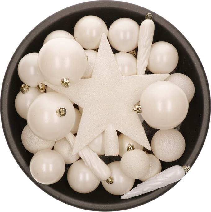 Decoris kerstballen met piek - 33x st - kunststof - wol wit - 5-6-8 cm
