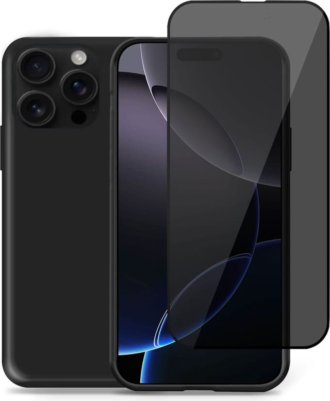 Hoesje + Privé Screenprotector geschikt voor Apple iPhone 16 Pro Max – Privacy Tempered Glass - Back Case Cover Zwart