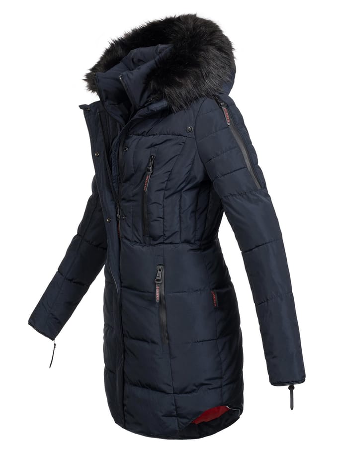 Marikoo lange dames winterjas Moonshine met imitatiebontkraag & teddyvoering