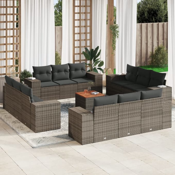 vidaXL - 13-delige - Loungeset - met - kussens - poly - rattan - grijs