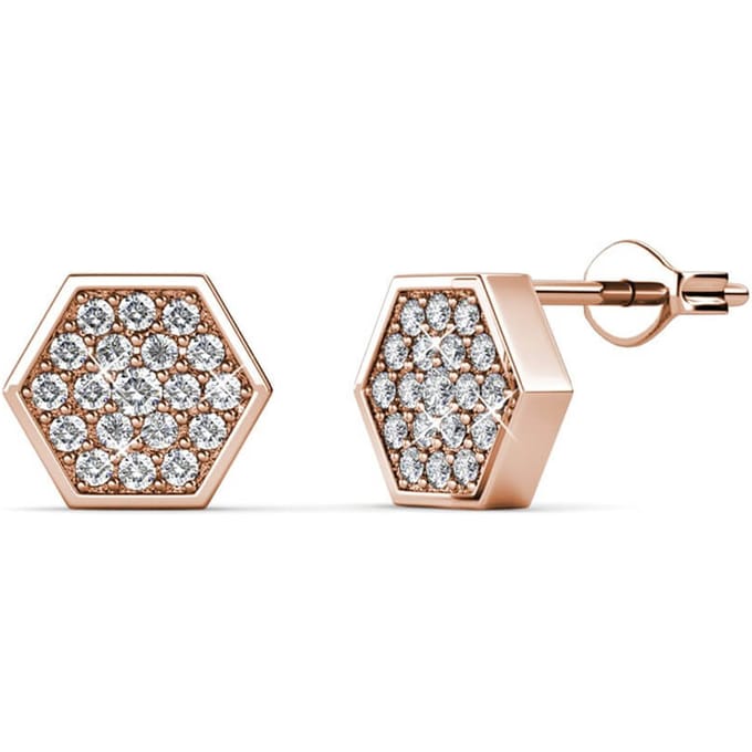 Hexagon oorbellen - roségoud en kristal