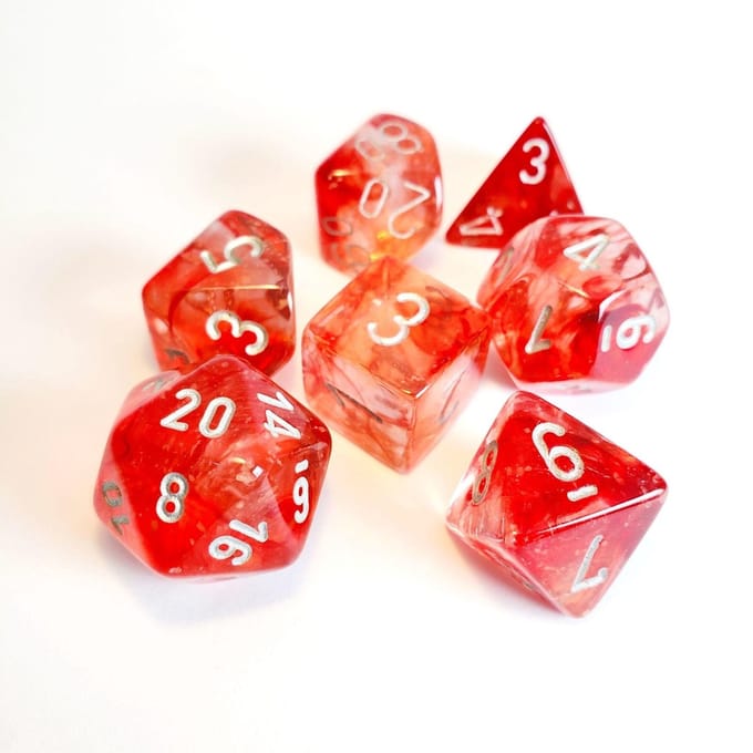 Chessex Nebula Red/silver Luminary Polydice Dobbelsteen Set (7 stuks)