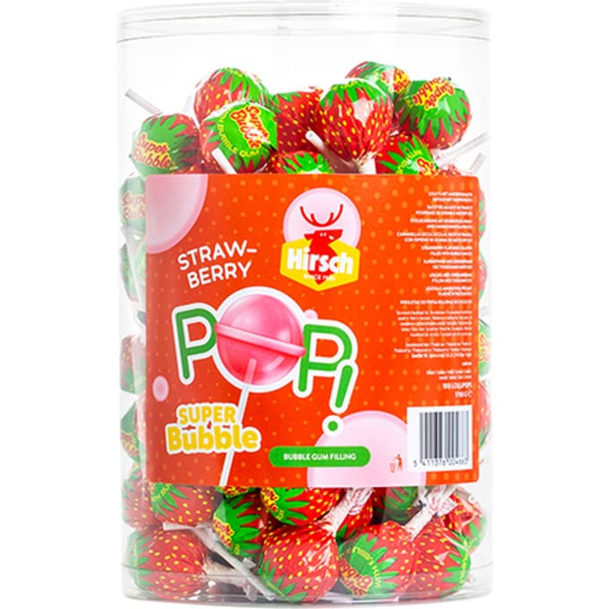 Hirsch - Super Bubble Lolly - Strawberry - 100x17 Gram - Lollie