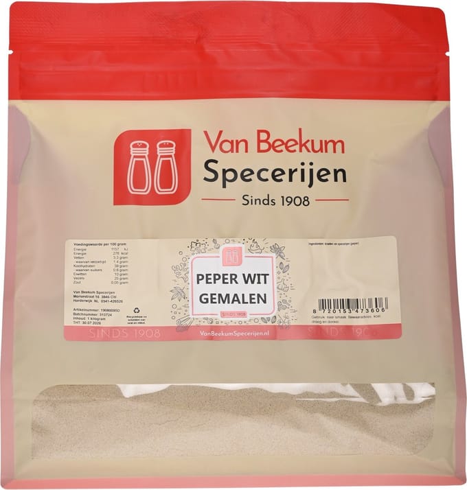 Van Beekum Specerijen - Peper Wit Gemalen - 1 KG (hersluitbare stazak)