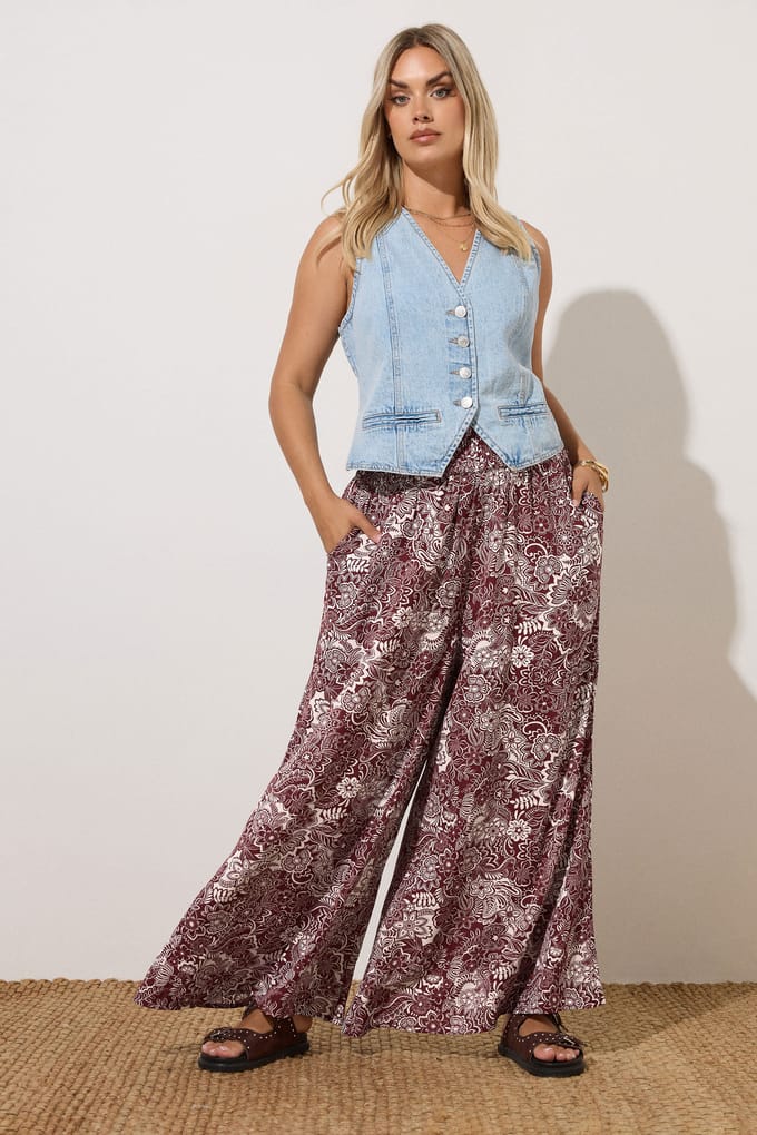 Yours Bordeauxrode Paisley Print Wijde Broek Size 48