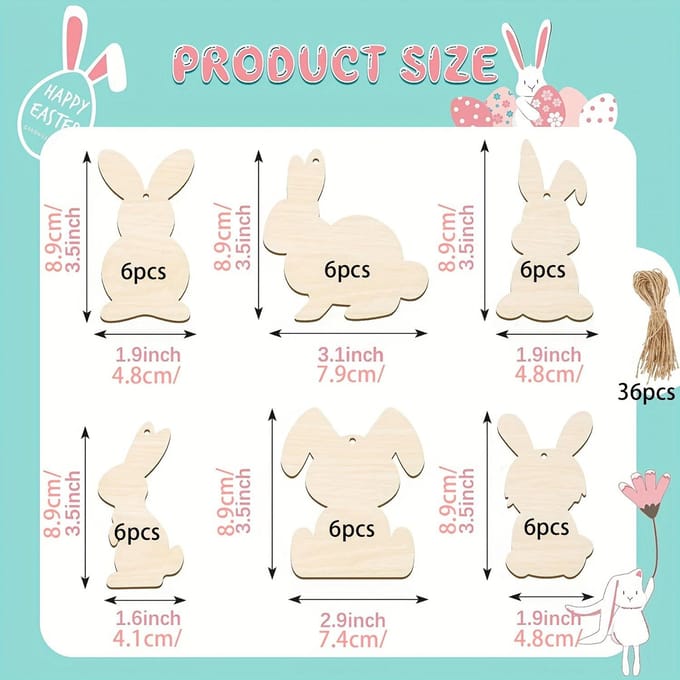 36 stuks paashouten konijnenclipart, lege konijnenvorm, plakken, hangende decoratieve knutsellabels, doe-het-zelf-knutseldecoraties met gat, touw, paasdecoraties 36pcs blue