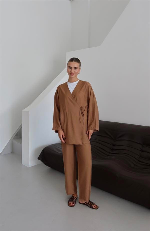 Kreukellook Textured Kimono Pak Bruin