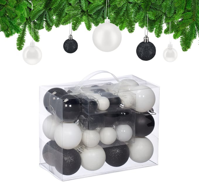 kerstballen - set van 50 - ∅ 3, 4, 6 cm - kunststof - zwart-wit