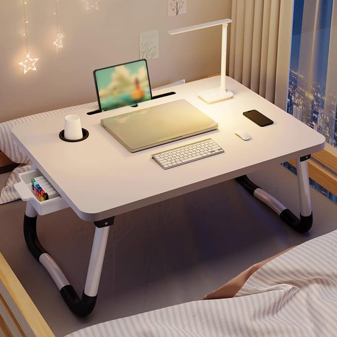 Laptop Bed Bureau Opvouwbaar Draagbaar Bedtafel Dienblad Standaard met Bekerhouder Lade voor Bank Vloer beige