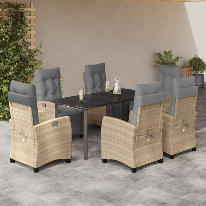vidaXL - 7-delige - Tuinset - met - kussens - poly - rattan - gemengd - beige