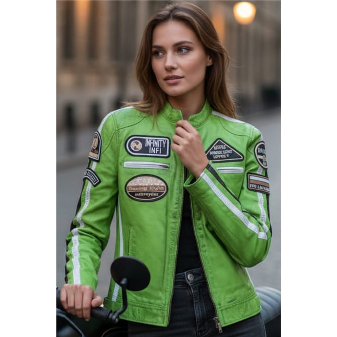 Dames Biker Racing Badges Groen Leren Jas-Esdoorn