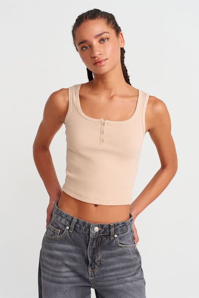 Dames Geribbelde Korte Knop-top Blouse