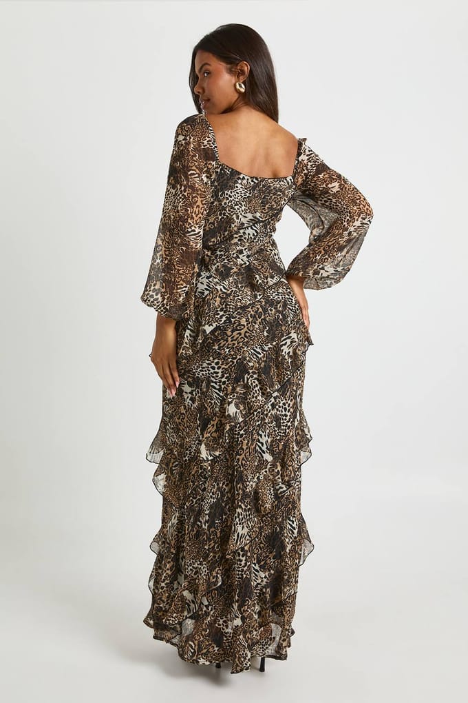 boohoo Dames Luipaard Chiffon Ruche Maxi-jurk | Brown | Maat: 8