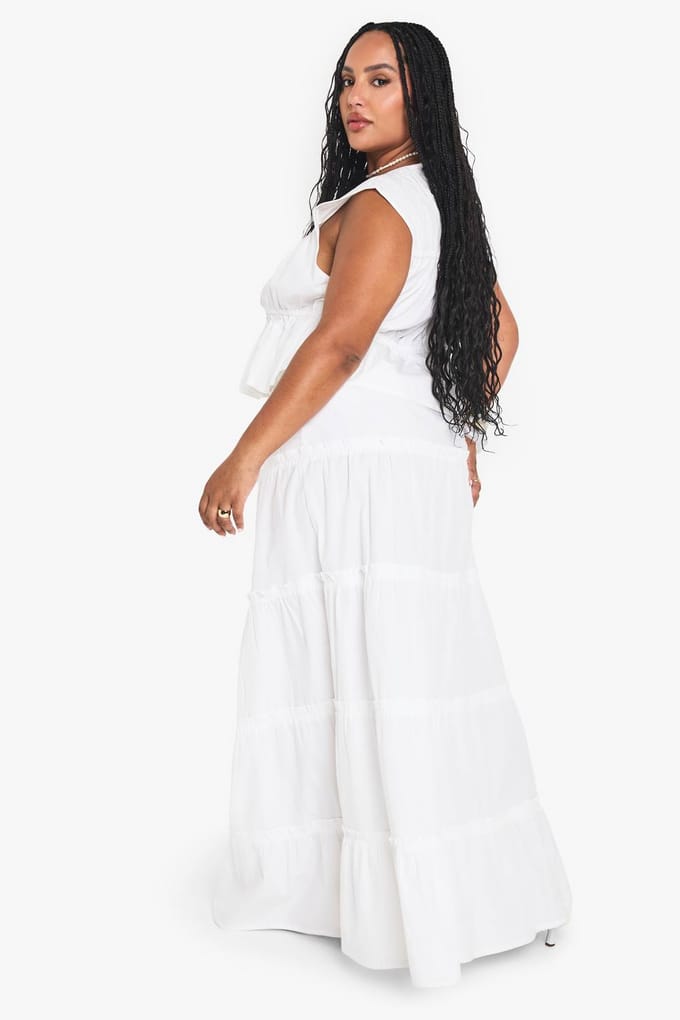 boohoo Dames Plus Katoenen Gelaagde Maxi Rok | Wit | Maat: 44