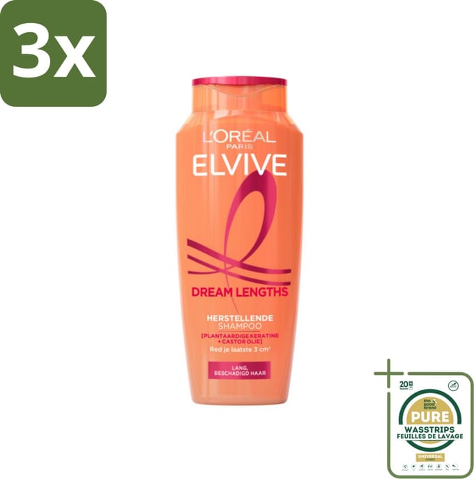 3 x L'Oréal Elvive Dream Lengths Shampoo 250 ml - Grootverpakking - Lang Haar - Beschadigd Haar - Herstel Shampoo - Keratine Shampoo - Castorolie Shampoo