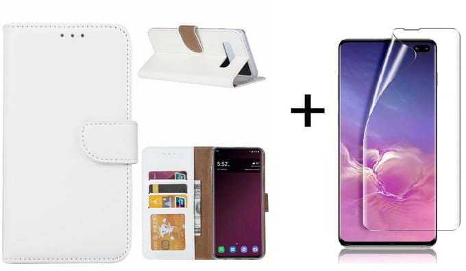 Ntech Hoesje Geschikt Voor Samsung Galaxy S10 Plus Book Hoesje Wit + Folie creenprotector