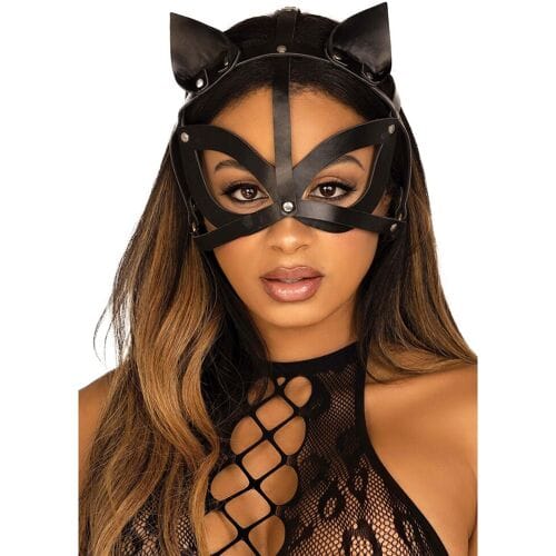 Leg Avenue - Vegan Leather Studded Cat Masker - Zwart