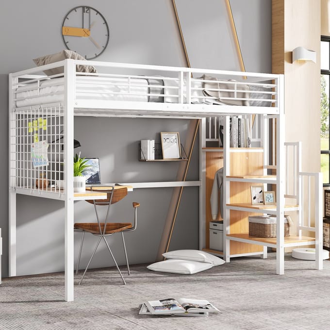 REDOM Hoogslaper – 90x200 cm – Met trap & kledingkast – Metaal & MDF – Wit & Naturel