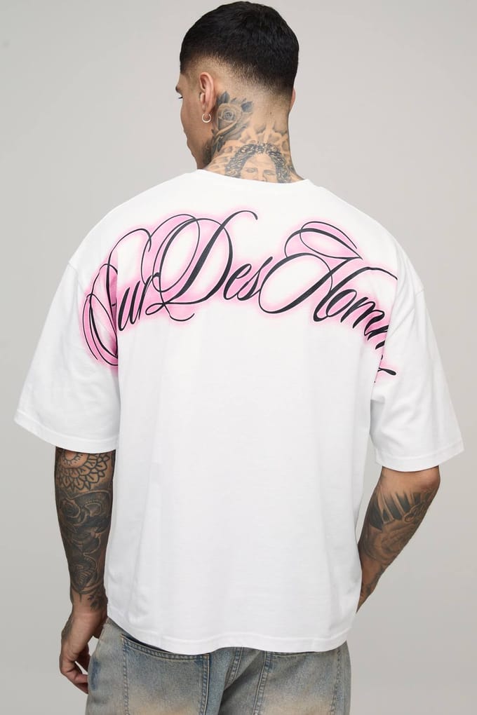 Lang oversized boxy T-shirt voor mannen met print over de naad | White | Size Medium