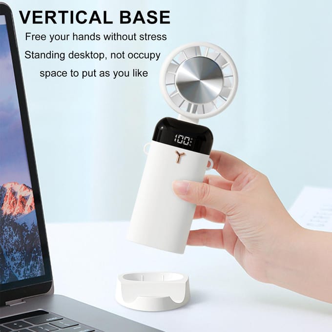 Draagbare Handheld Nek Tafelventilator met 90 graden Verstelbare Hoek 3600mAh Batterij 3 Snelheidsinstellingen Basis als wit