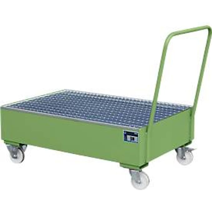 Stalen lekbak met wielen + greep, 1200 x 800 mm, groen RAL 6011