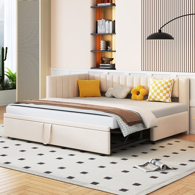 L-Vormige Slaapbank 90/180x200 - Met Uitschuifbed - Ruimtebesparend Multifunctioneel Bed - Fluweel - Beige