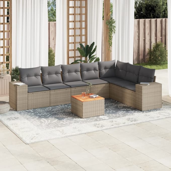 vidaXL - 8-delige - Loungeset - met - kussens - poly - rattan - beige