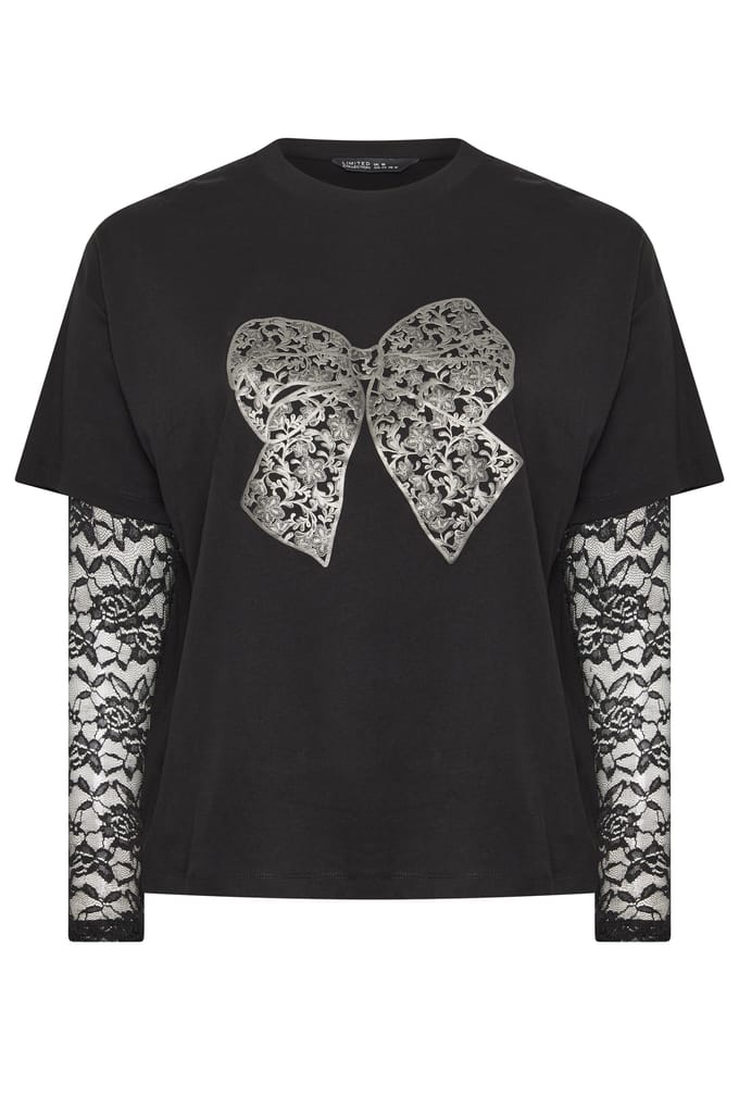 Limited Collection Zwart Tshirt Met Strikprint En Kant Size 44